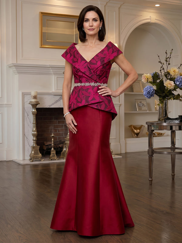 Jacquard Mermaid V Neck Long Mother of the Bride Dresses with Floral Print