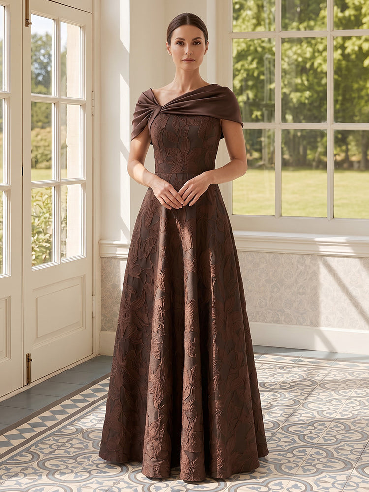 Jacquard A-Line Asymmetric Neck Long Mother of the Bride Dresses with Floral Print