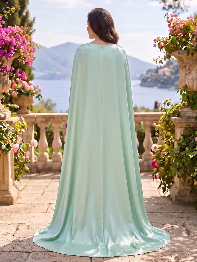 Jacquard Mermaid Round Neck Long Mother of the Bride Dresses with Attached Cape