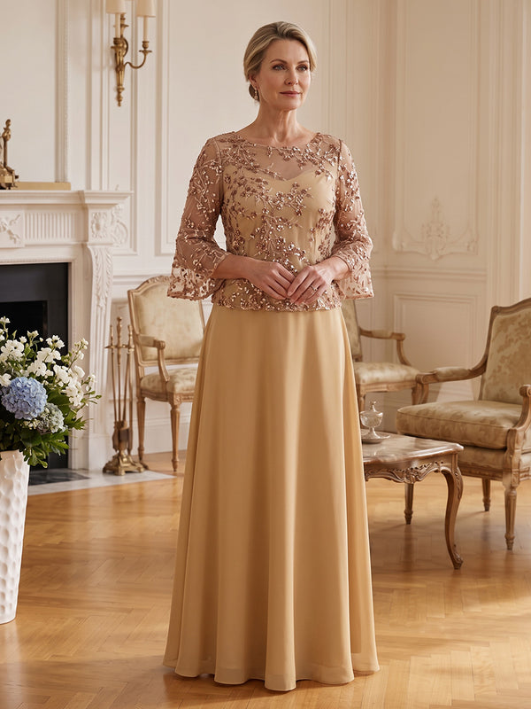Satin A-Line Scoop Neck Long Mother of the Bride Dresses with Sequin Embroidery