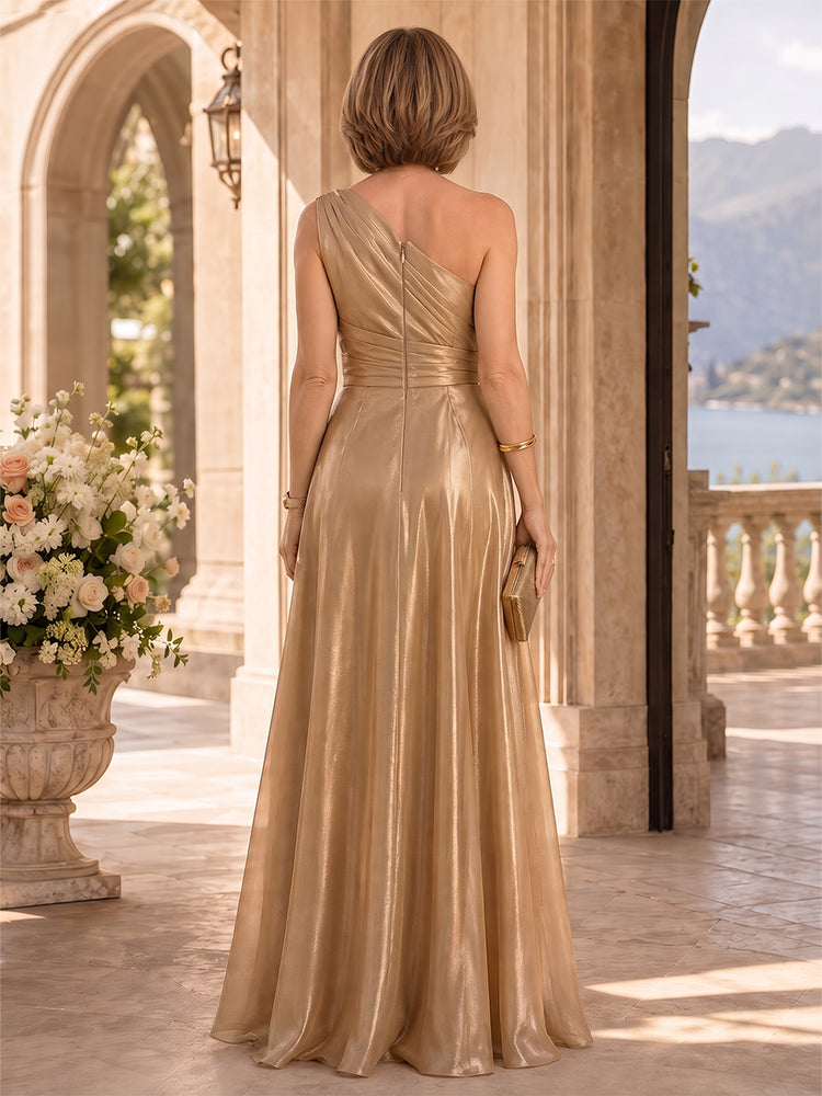 Metallic A-Line One Shoulder Long Mother of the Bride Dresses with Sash