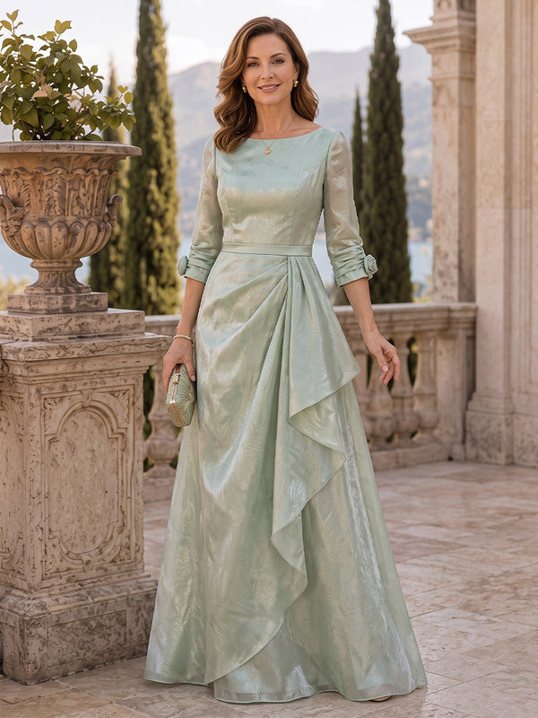 Metallic A-Line Boat Neck Long Mother of the Bride Dresses with 3D Flowers