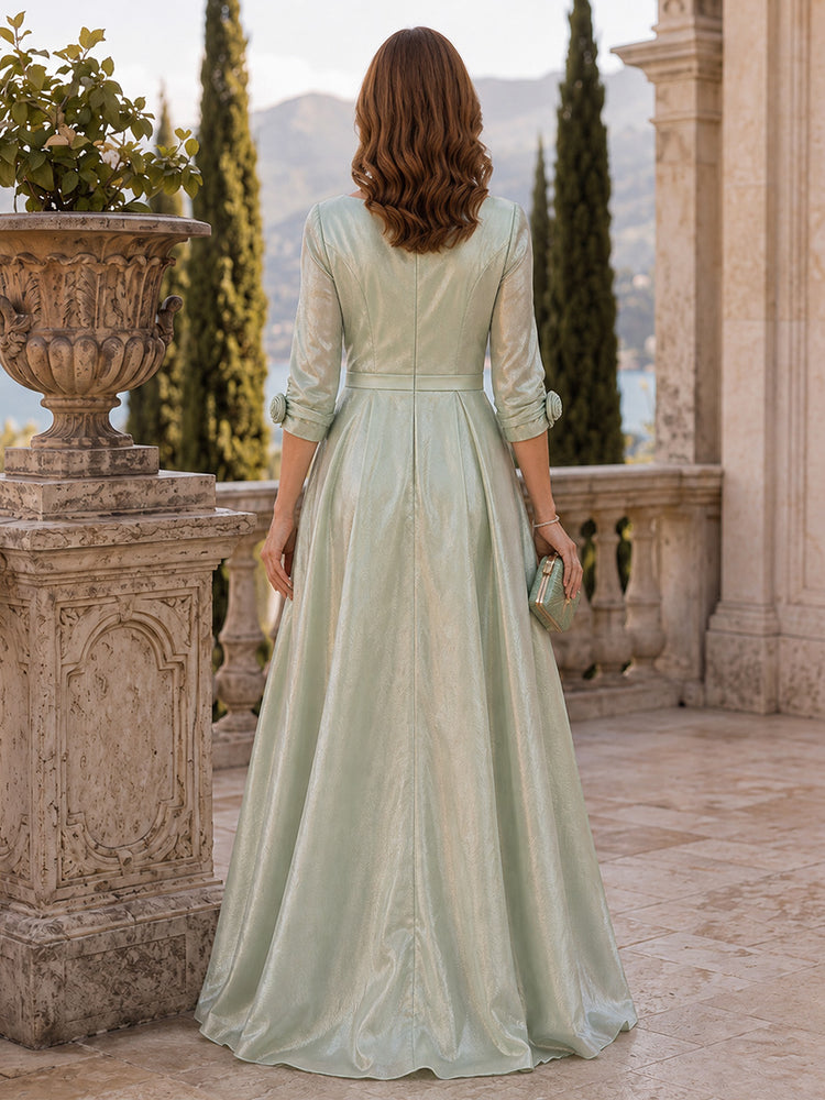 Metallic A-Line Boat Neck Long Mother of the Bride Dresses with 3D Flowers