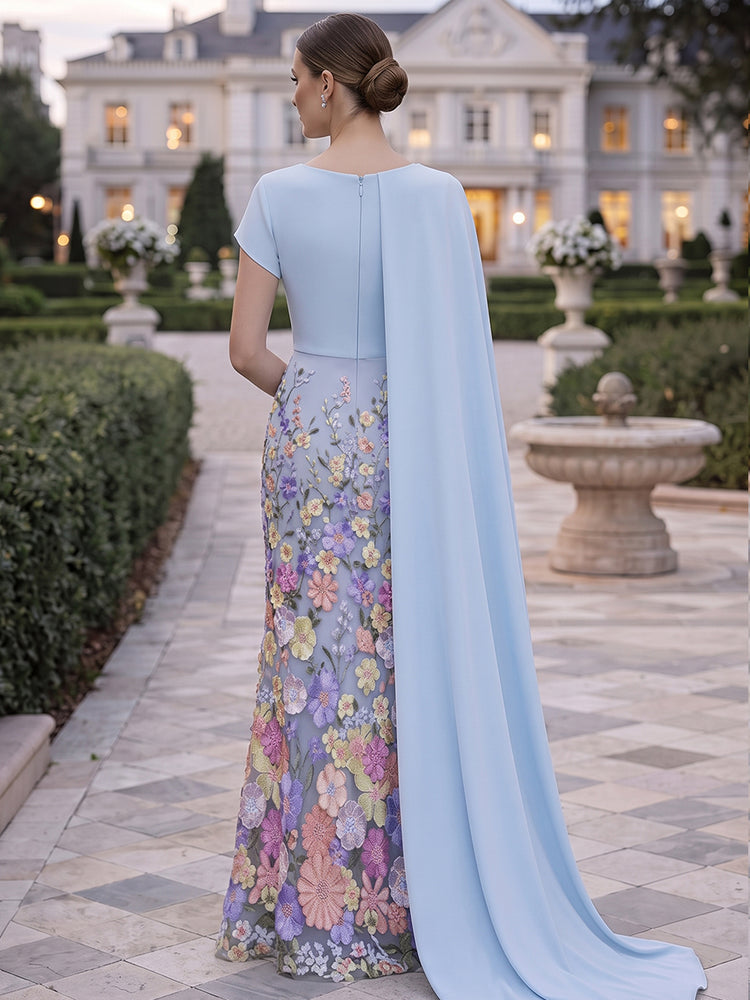 Chiffon Sheath Draped Overlay Long Mother of the Bride Dresses with Floral