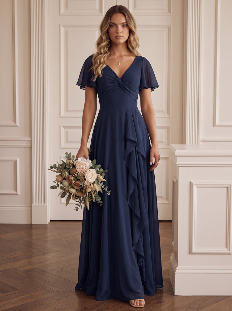 Pleated Chiffon A Line V-Neck Short Sleeves Bridesmaid Dresses with Ruffles