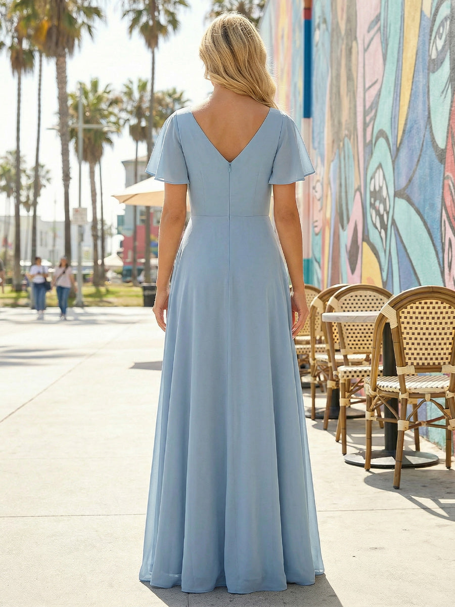 Women's V-Neck Formal Maxi Dress Flowy Chiffon Bridesmaid Dress