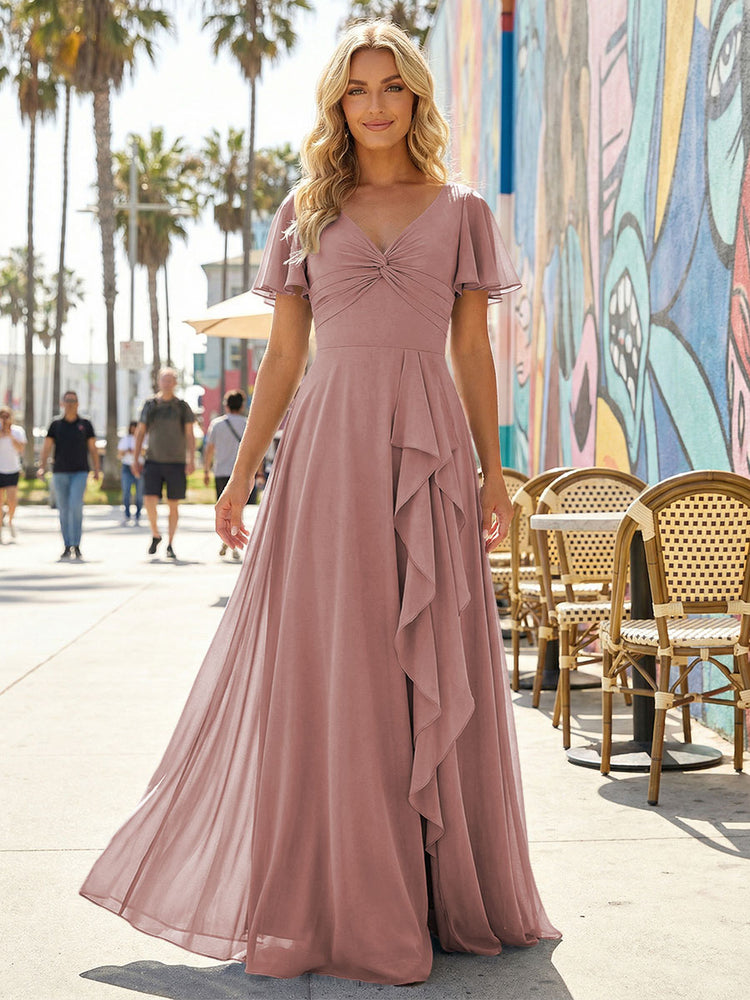 Women's V-Neck Formal Maxi Dress Flowy Chiffon Bridesmaid Dresses