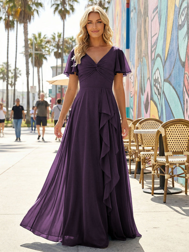 Women's V-Neck Formal Maxi Dress Flowy Chiffon Bridesmaid Dresses