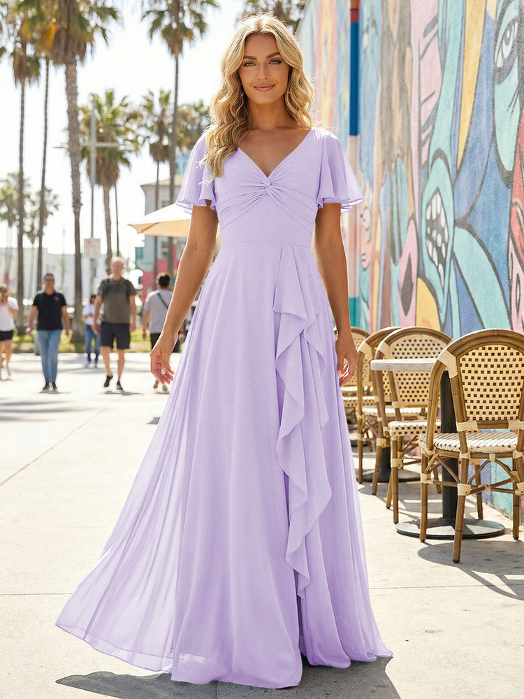 Women's V-Neck Formal Maxi Dress Flowy Chiffon Bridesmaid Dresses
