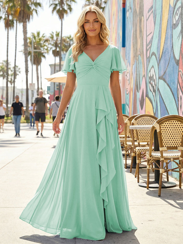 Women's V-Neck Formal Maxi Dress Flowy Chiffon Bridesmaid Dresses