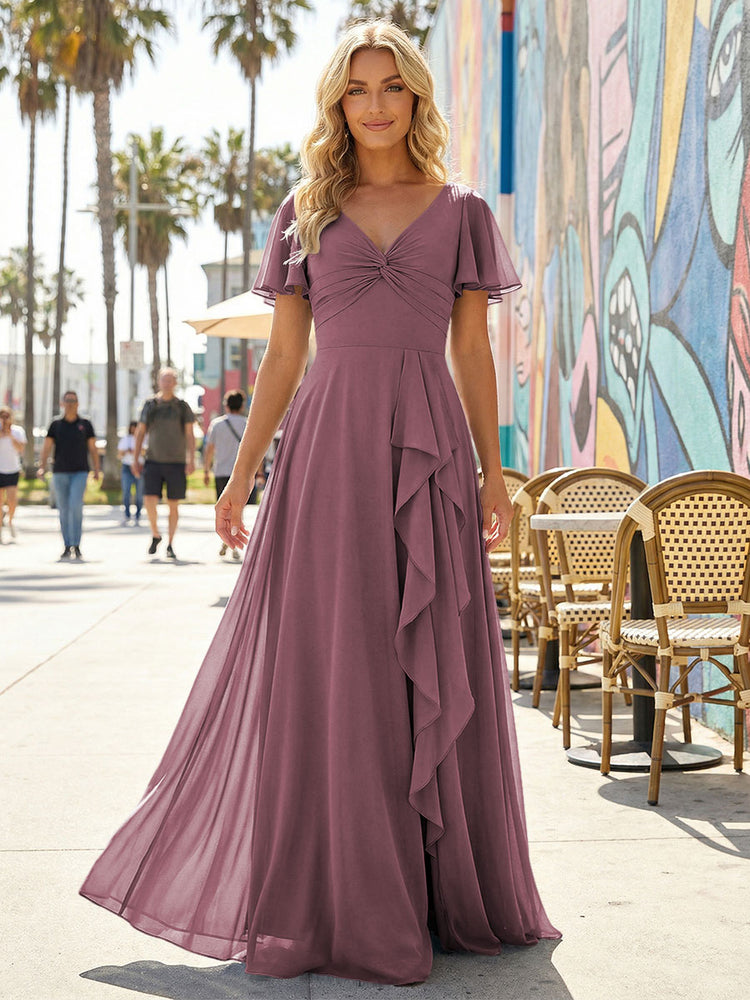 Women's V-Neck Formal Maxi Dress Flowy Chiffon Bridesmaid Dresses