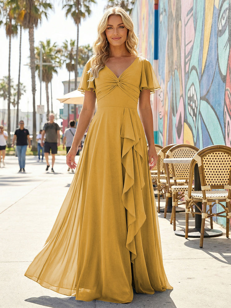 Women's V-Neck Formal Maxi Dress Flowy Chiffon Bridesmaid Dresses