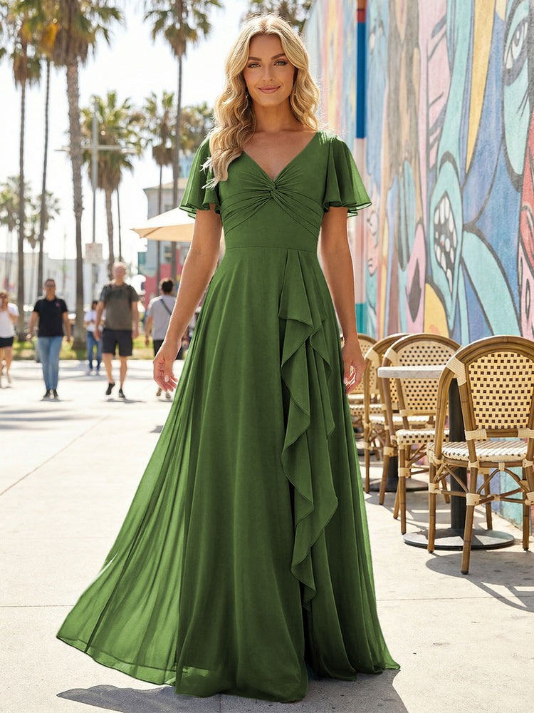 Women's V-Neck Formal Maxi Dress Flowy Chiffon Bridesmaid Dresses