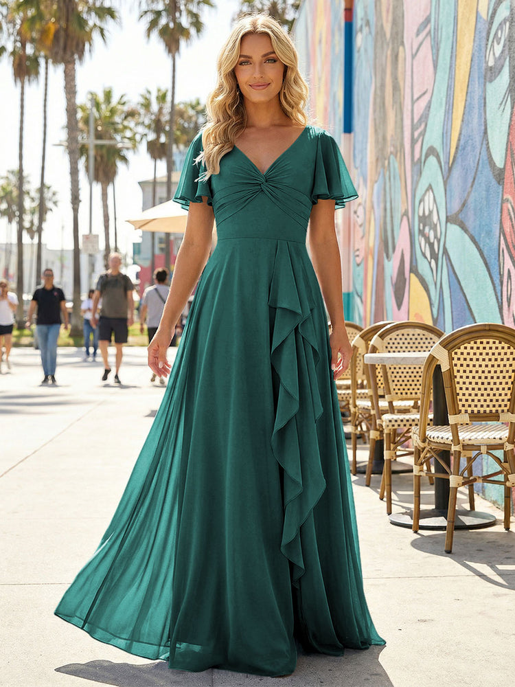 Women's V-Neck Formal Maxi Dress Flowy Chiffon Bridesmaid Dresses