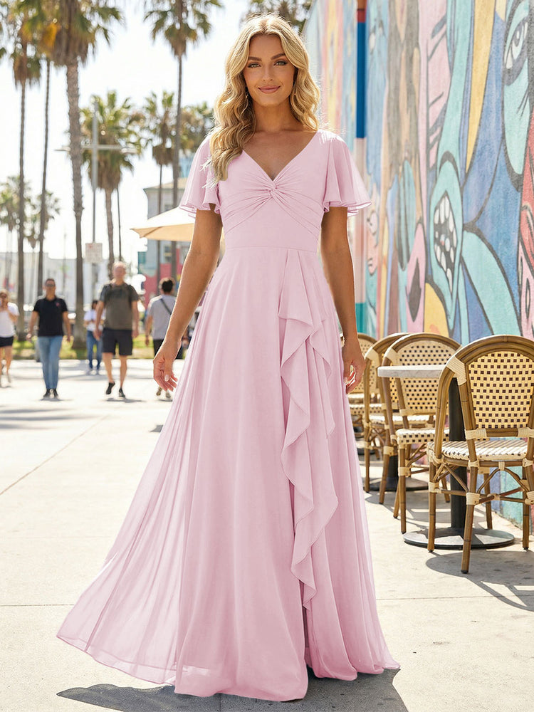 Women's V-Neck Formal Maxi Dress Flowy Chiffon Bridesmaid Dresses