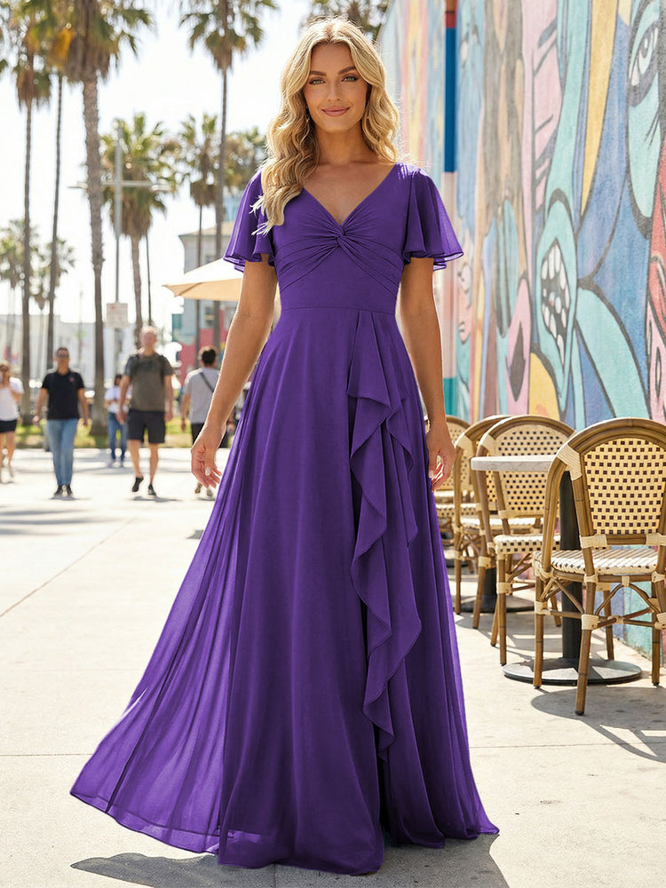 Women's V-Neck Formal Maxi Dress Flowy Chiffon Bridesmaid Dresses