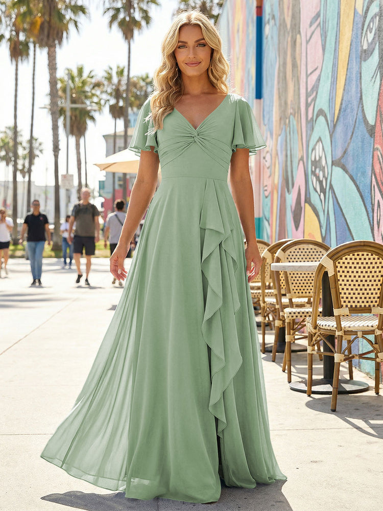 Women's V-Neck Formal Maxi Dress Flowy Chiffon Bridesmaid Dresses