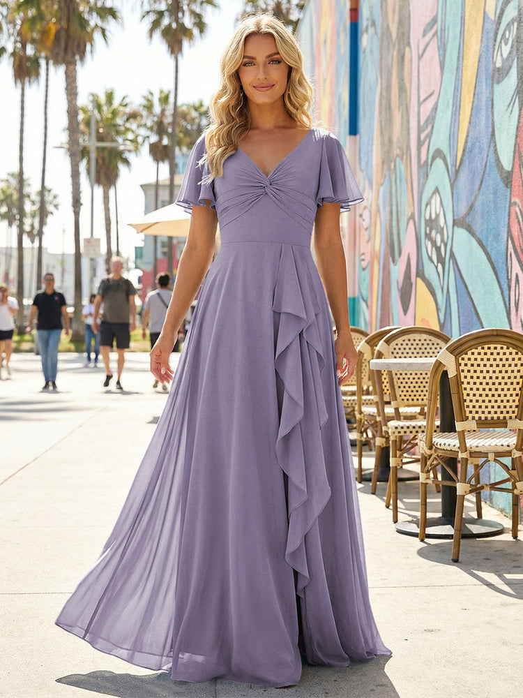 Women's V-Neck Formal Maxi Dress Flowy Chiffon Bridesmaid Dresses