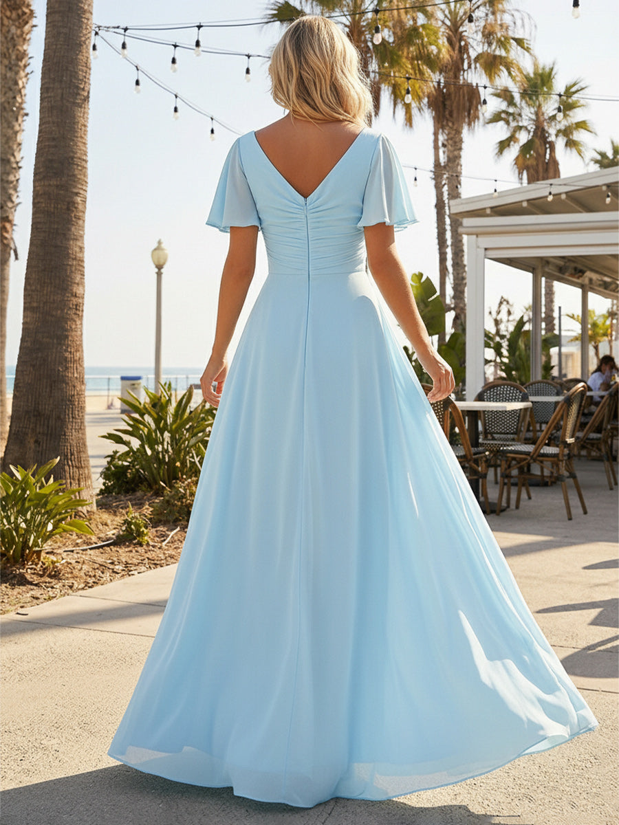 Chiffon A Line Short Sleeves Cut Out Long Bridesmaid Dress