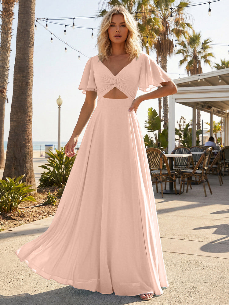 Chiffon A Line Short Sleeves Cut Out Long Bridesmaid Dresses