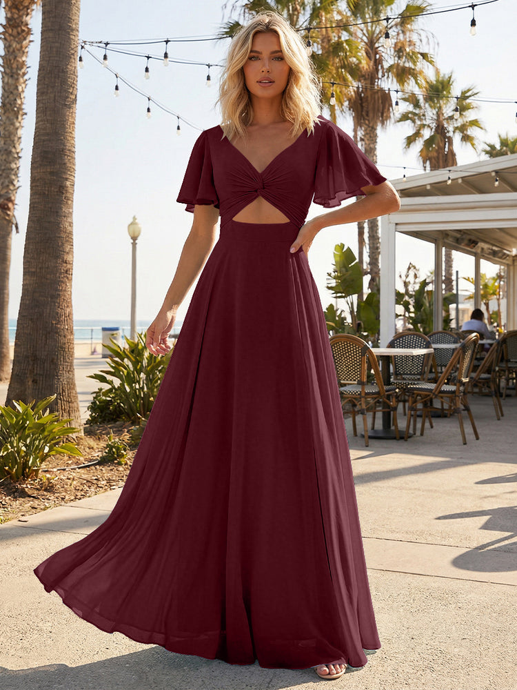 Chiffon A Line Short Sleeves Cut Out Long Bridesmaid Dresses