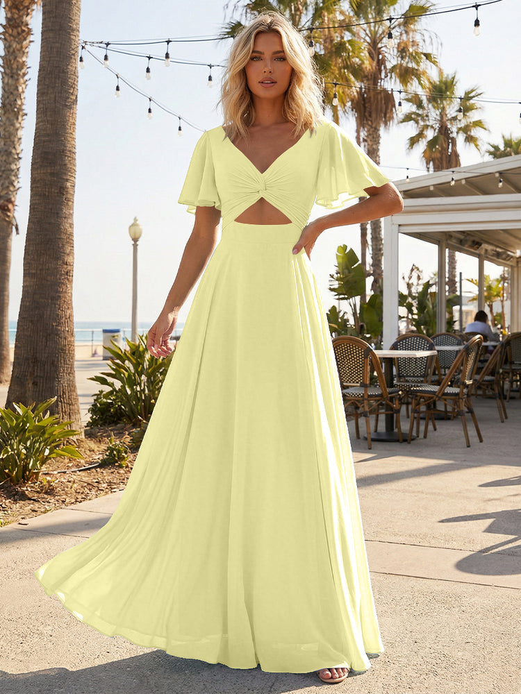 Chiffon A Line Short Sleeves Cut Out Long Bridesmaid Dresses