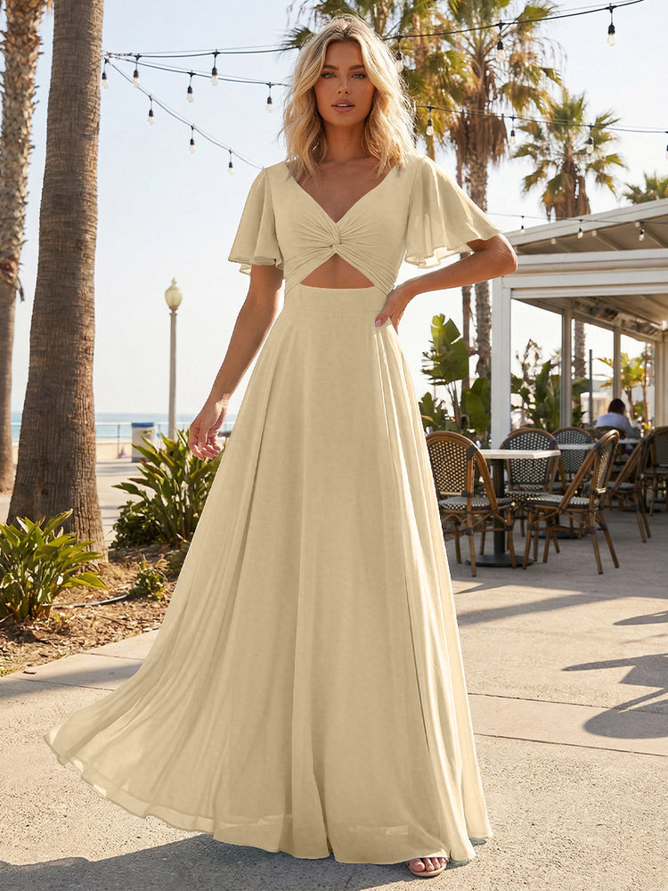 Chiffon A Line Short Sleeves Cut Out Long Bridesmaid Dresses