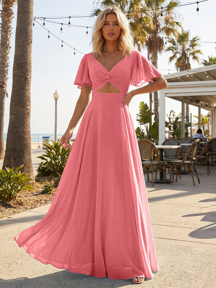 Chiffon A Line Short Sleeves Cut Out Long Bridesmaid Dresses