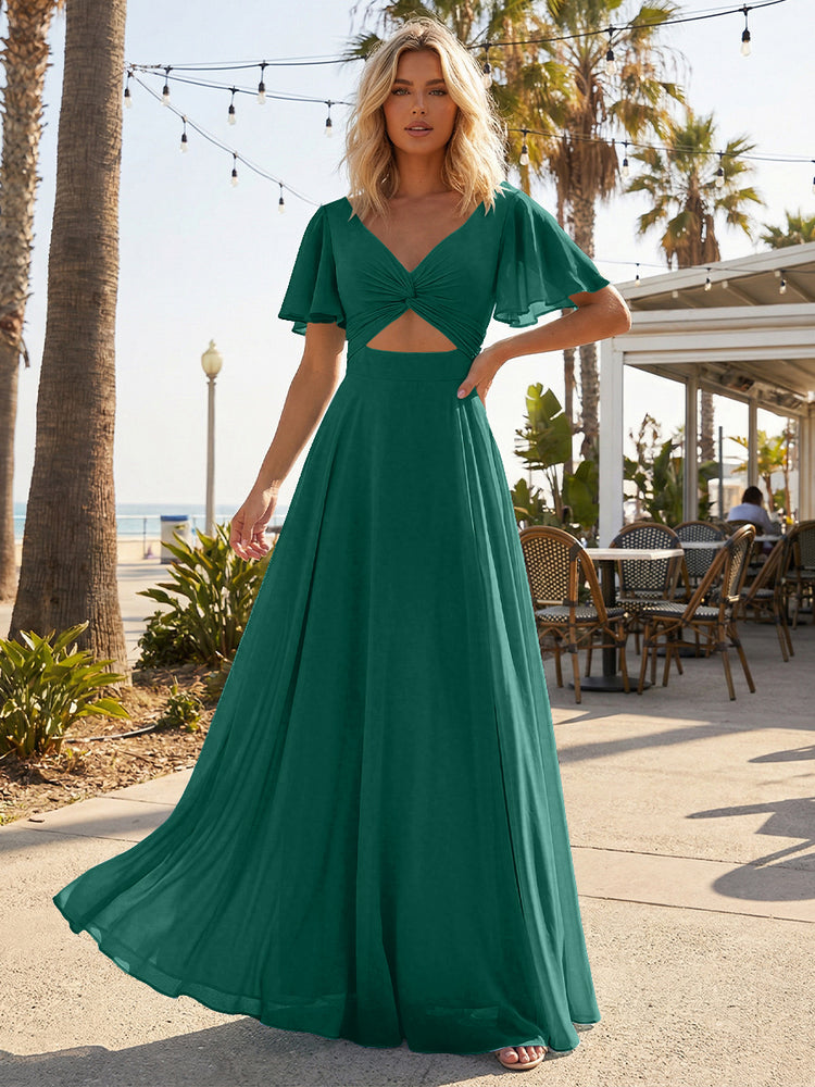 Chiffon A Line Short Sleeves Cut Out Long Bridesmaid Dresses