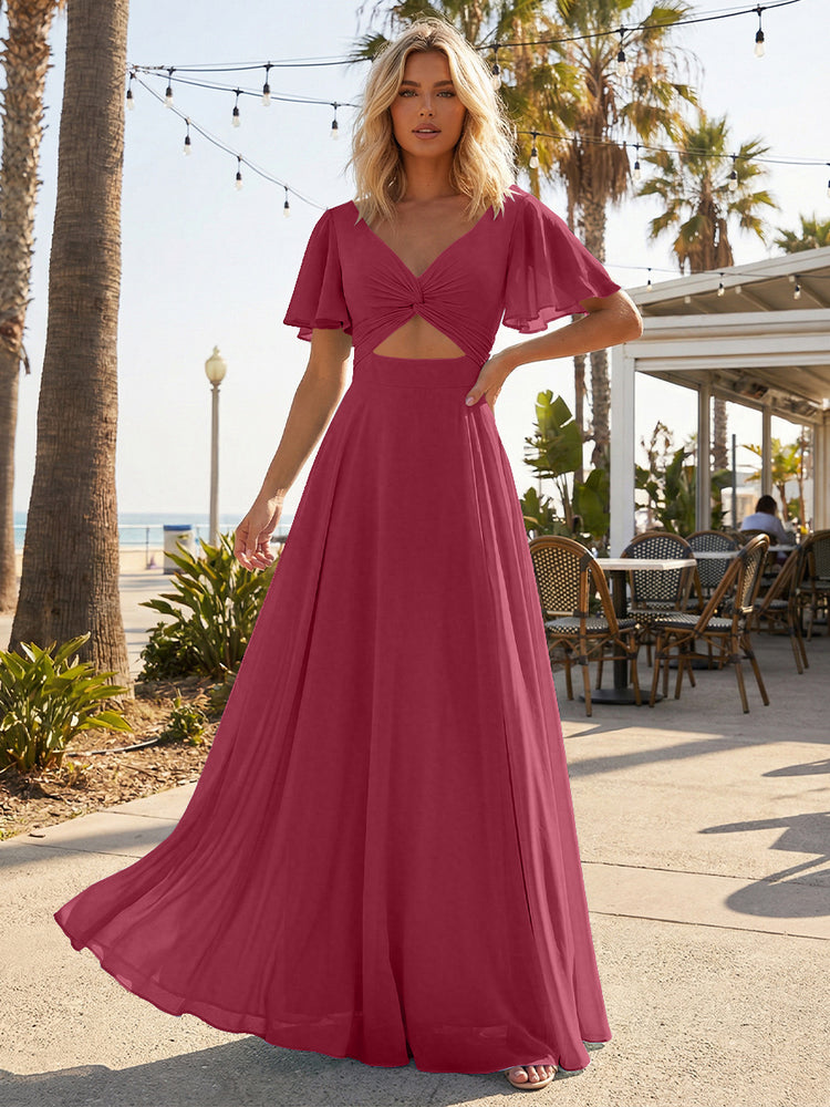 Chiffon A Line Short Sleeves Cut Out Long Bridesmaid Dresses