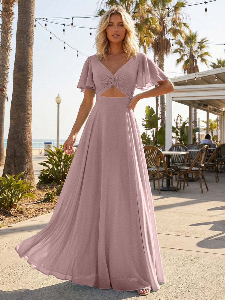 Chiffon A Line Short Sleeves Cut Out Long Bridesmaid Dresses