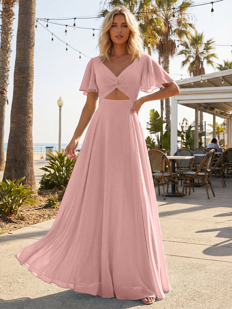 Chiffon A Line Short Sleeves Cut Out Long Bridesmaid Dresses