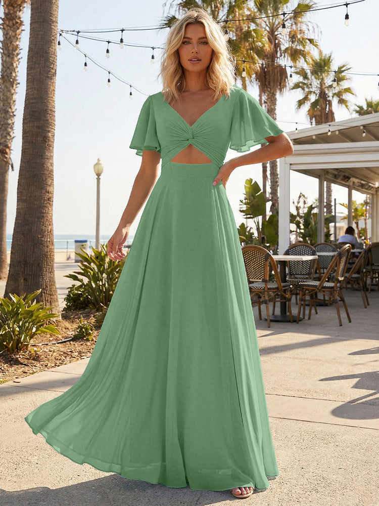 Chiffon A Line Short Sleeves Cut Out Long Bridesmaid Dresses