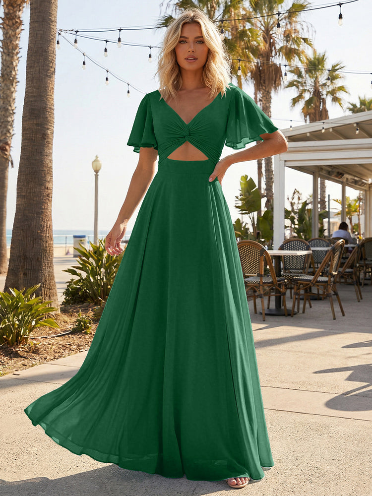 Chiffon A Line Short Sleeves Cut Out Long Bridesmaid Dresses