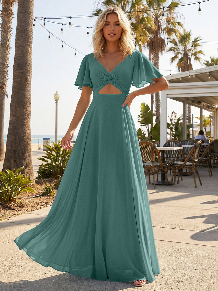 Chiffon A Line Short Sleeves Cut Out Long Bridesmaid Dresses