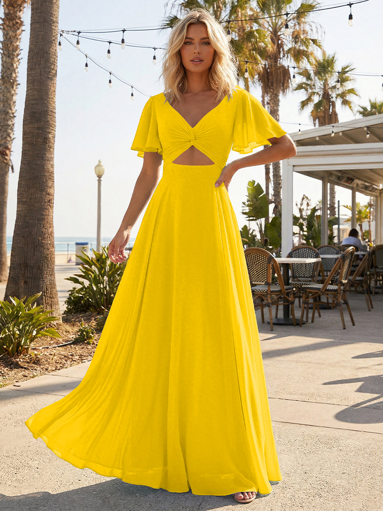 Chiffon A Line Short Sleeves Cut Out Long Bridesmaid Dresses