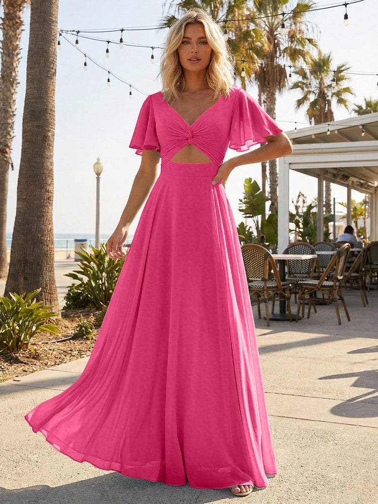 Chiffon A Line Short Sleeves Cut Out Long Bridesmaid Dresses