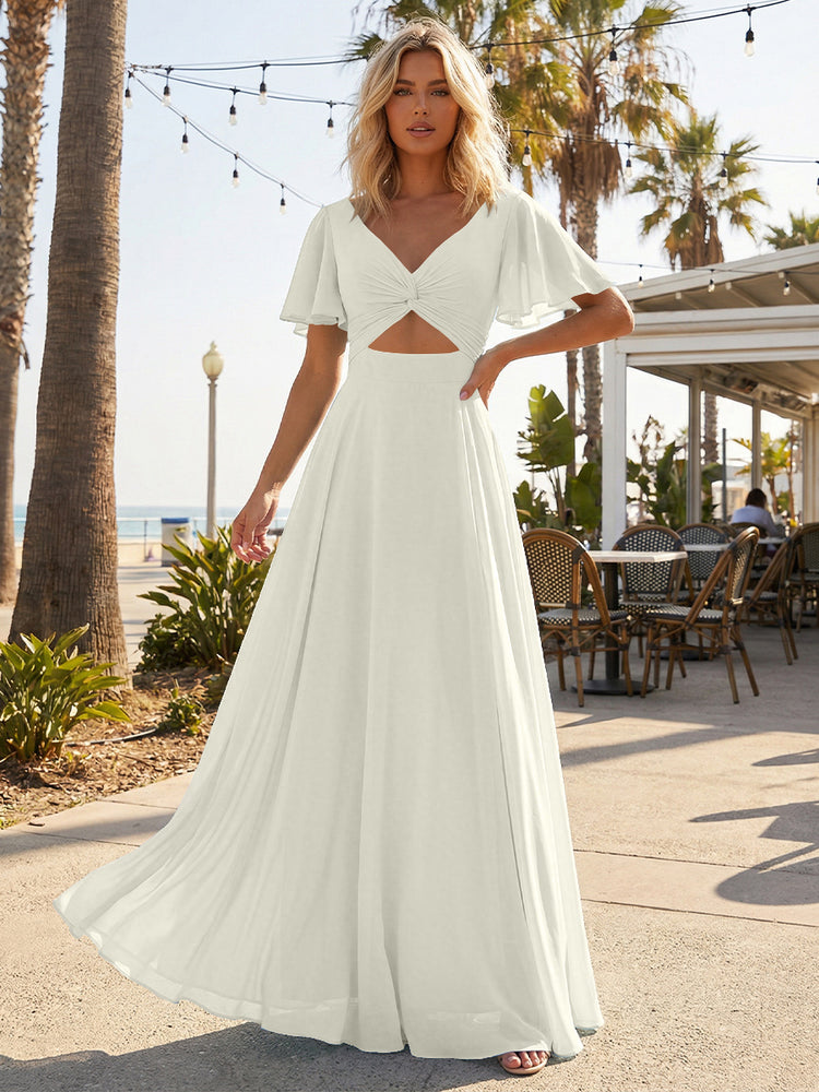 Chiffon A Line Short Sleeves Cut Out Long Bridesmaid Dresses