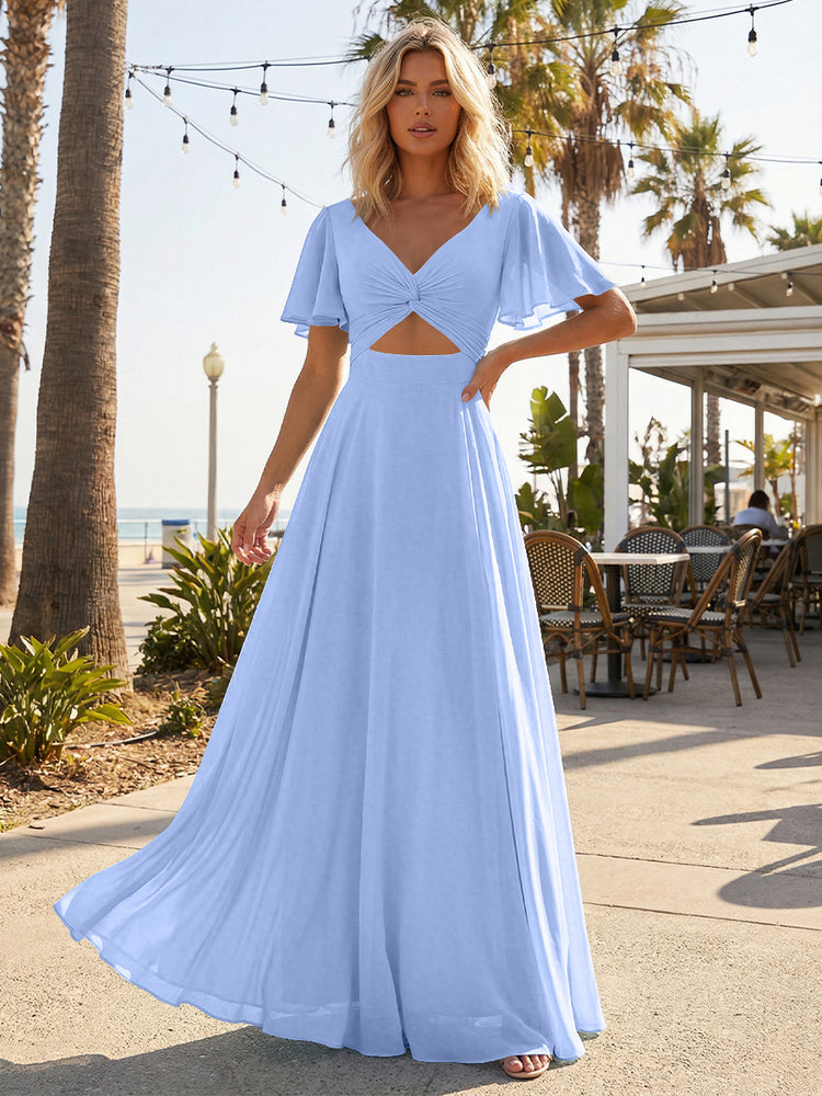 Chiffon A Line Short Sleeves Cut Out Long Bridesmaid Dresses