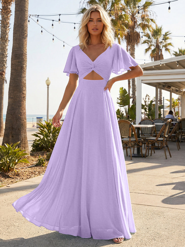 Chiffon A Line Short Sleeves Cut Out Long Bridesmaid Dresses