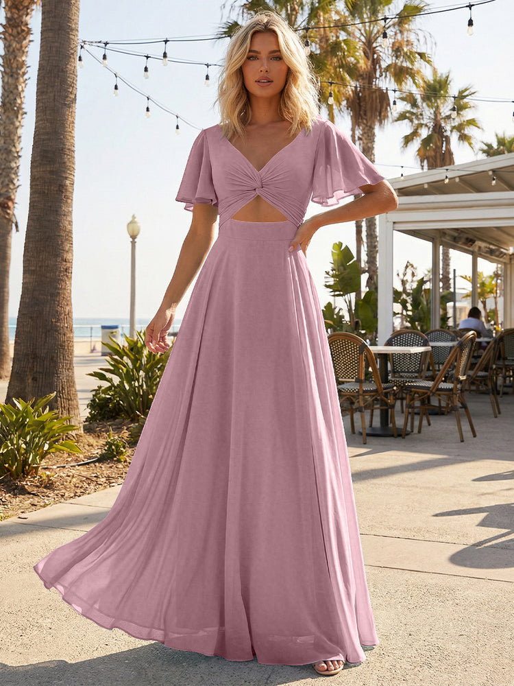 Chiffon A Line Short Sleeves Cut Out Long Bridesmaid Dresses