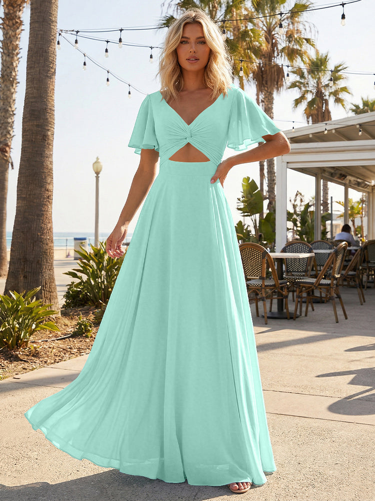 Chiffon A Line Short Sleeves Cut Out Long Bridesmaid Dresses