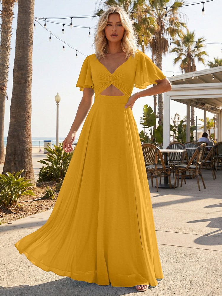 Chiffon A Line Short Sleeves Cut Out Long Bridesmaid Dresses