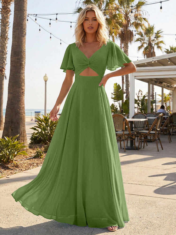 Chiffon A Line Short Sleeves Cut Out Long Bridesmaid Dresses