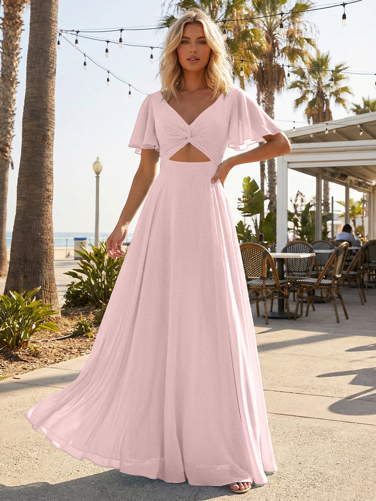 Chiffon A Line Short Sleeves Cut Out Long Bridesmaid Dresses