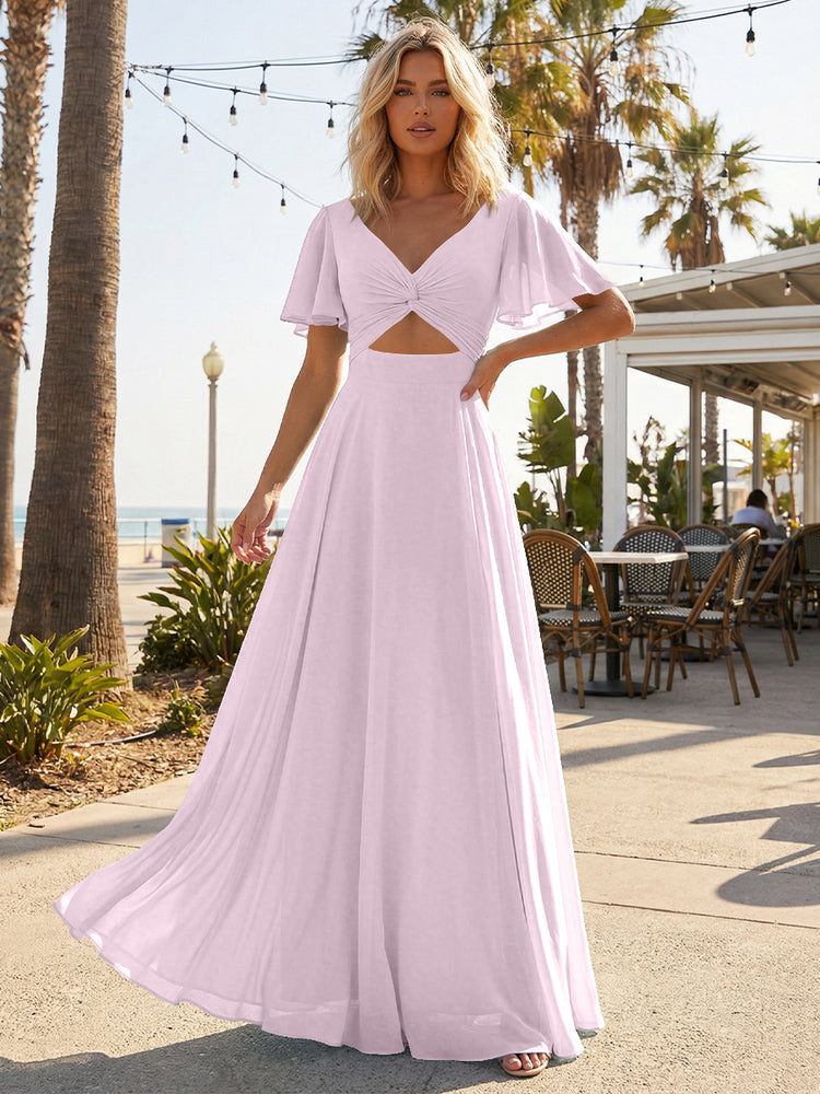 Chiffon A Line Short Sleeves Cut Out Long Bridesmaid Dresses