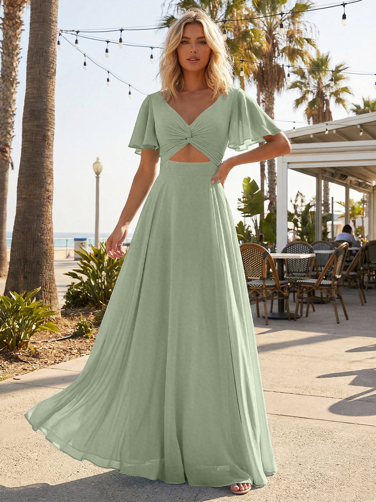 Chiffon A Line Short Sleeves Cut Out Long Bridesmaid Dresses