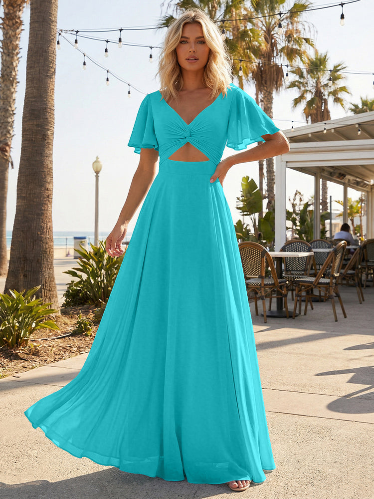 Chiffon A Line Short Sleeves Cut Out Long Bridesmaid Dresses