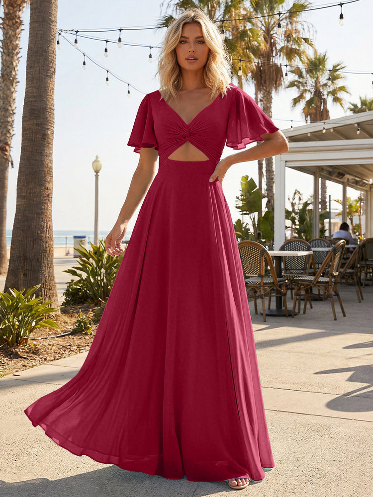 Chiffon A Line Short Sleeves Cut Out Long Bridesmaid Dresses