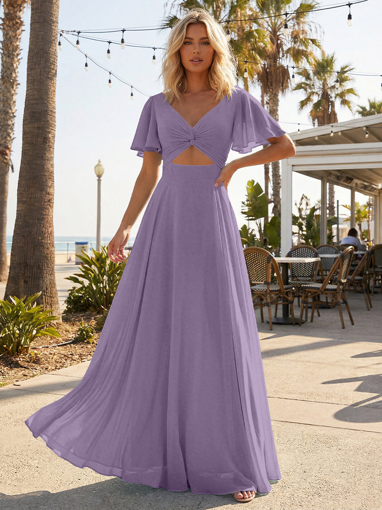 Chiffon A Line Short Sleeves Cut Out Long Bridesmaid Dresses